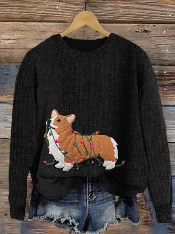Funny Christmas Corgi Dog Embroidered Cozy Sweater